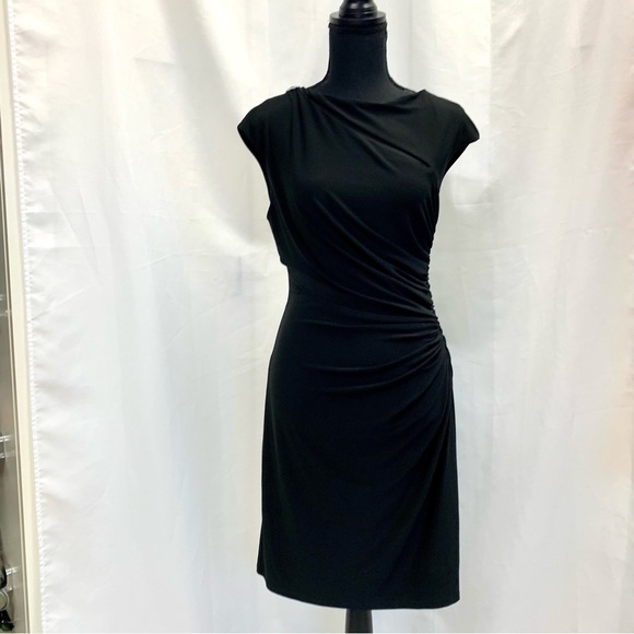 Lauren Ralph Lauren black asymmetrical slit cutout sleeveless ruched dress 8 - Picture 3 of 17
